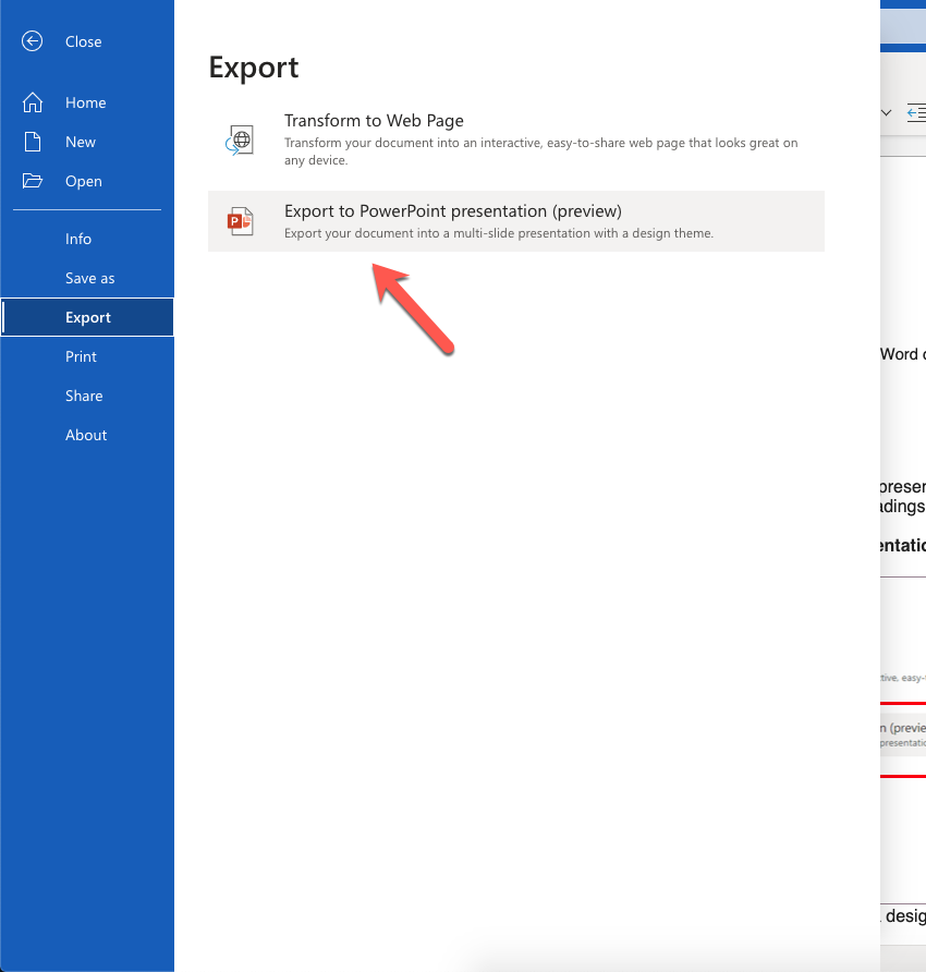 Image of Export to Powerpoint menu in Word for Web