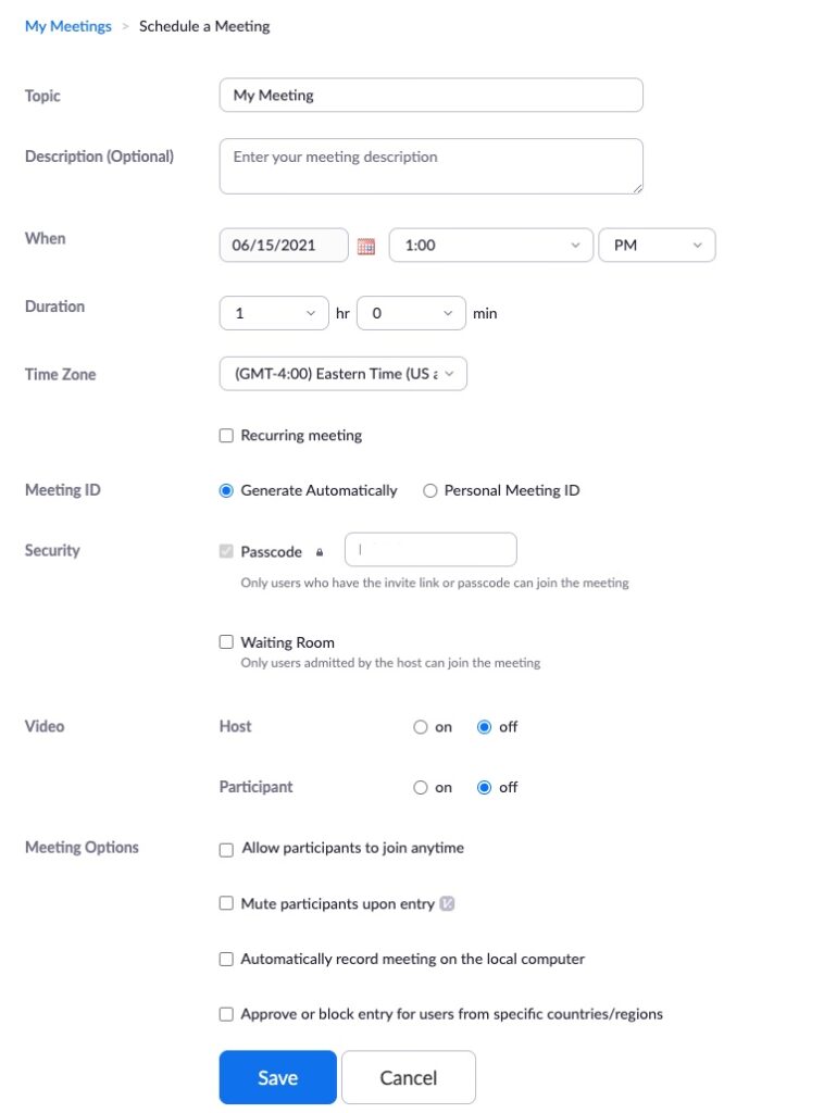 Zoom meeting setup screen.