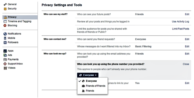 Image of Facebook privacy settings.